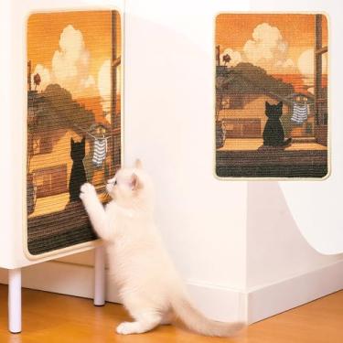 Imagem de GudaAphrmix Sisal Tapete arranhador de parede resistente a quedas para gatos em ambientes internos, estampa de arte de gatinho, pôr do sol, para sofá, móveis, com fita adesiva de gancho (61 x 40 cm)