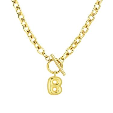 Imagem de Fiiuos Colar com inicial para mulheres, banhado a ouro 18 K, delicada, com pingente de letra bolha personalizada, corrente de elos grossos de clipe de papel com fecho de botão minimalista, joias de