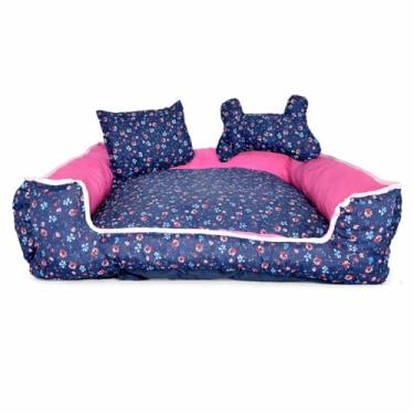 Imagem de Cama Pet Gigante Quadrada Impermeável, 100x100x20 cm, Tecido Tricoline 100% Algodão, com Almofada e Almofada Ossinho, Fundo Impermeável, Zíper em 4 Lados (Floral Azul Royal e Pink)