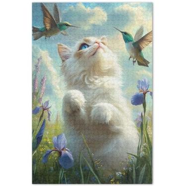 Imagem de Quebra-cabeça com flores de beija-flor de gato fofo, 500 peças para adultos, pintura animal, arte, quebra-cabeça rígido, presentes engraçados, 51 x 35 cm