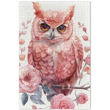 Imagem de Quebra-cabeça com flores rosas de coruja fofa para adultos, 1000 peças, presentes da natureza para amantes de quebra-cabeças, pintura de animais, 75 x 40 cm