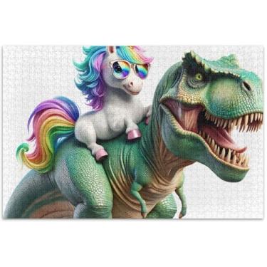 Imagem de Quebra-cabeça fofo dinossauro unicórnio 1000 peças adulto engraçado jogo de quebra-cabeça presentes quebra-cabeça cena outono arte pintura animal, 75 x 40 centímetros