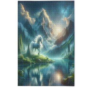 Imagem de Quebra-cabeça 500 peças para decoração de arte com estampa de animal adulto unicórnio paisagem de montanha quebra-cabeças criativos para adultos presentes de elefantes brancos, 500 peças, 52 x 37,8 cm