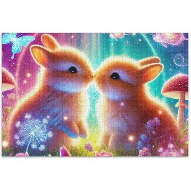 Imagem de Quebra-cabeça fofo coelho beijo coelho 1000 peças adulto engraçado jogo de quebra-cabeça natureza animal arte decoração, 75 x 40 centímetros