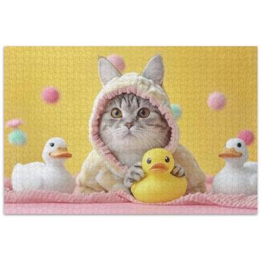 Imagem de Quebra-cabeça de gato fofo com desenho de pato para adultos 1000 peças de brinquedo de arte mordaça presente quebra-cabeça engraçado presentes de jogo
