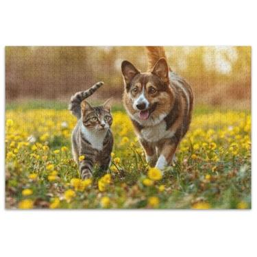 Imagem de Quebra-cabeça de cachorro e gato andando no prado estoque 500 peças para adultos divertidos família boba pintura artística