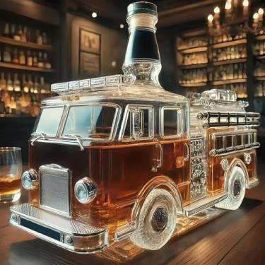 Imagem de Garrafa de uísque em forma de caminhão de bombeiros de 293 ml, garrafa de vidro esculpida à mão com tema automotivo, dispensador de bebidas personalizado, utensílios de vinho, exclusivo para casa, bar
