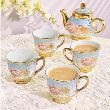 Imagem de Conjunto de Bule Porcelana de Luxo Composto Por Cinco XíCaras e Um Bule, Adequado Para Chá Da Tarde, Café Ou Bebidas Quentes.(JOGO FLOR AZUL 5 pecas)