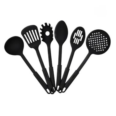 Imagem de Conjunto 6 Utensilios com Gancho de Cozinha de Nylon Colher Concha Escumadeira Espátula Pegadores (PRETO)
