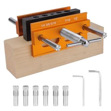 Imagem de Kit de gabarito de cavilha autocentralizante para madeira máxima de 16 cm de espessura, gabarito de guia de perfuração de cavilha central para furo reto, bloco de perfuração portátil para furo de madeira com 6 luvas de perfuração (laranja)
