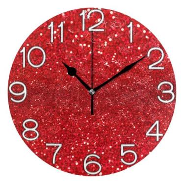 Imagem de Relógio de parede decorativo texturizado vermelho brilhante analógico para sala de aula, escritório, operado por bateria, decoração de parede vintage, sala de estar, 25 cm, ponteiros pretos