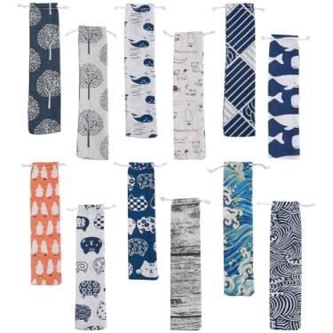 Imagem de SUPERFINDINGS 12 estilos bolsas de transporte de palha reutilizável bolsa de talheres portátil algodão linho impresso mini saco de cordão de armazenamento para canudos, pauzinhos, garfo, colher, 25,5