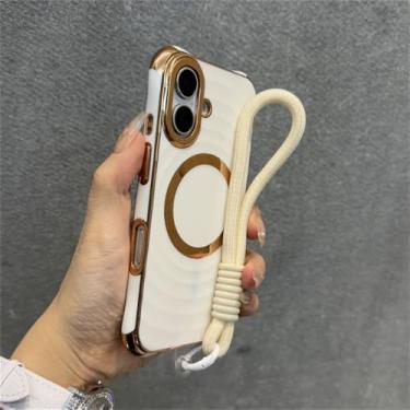 Imagem de Capa de celular luxuosa com alça de pulso e cordão para iPhone 15, 16 Plus, 11, 12, 13, 14 Pro Max, capa com revestimento macio e ondulada, branca, para iPhone 15 Plus