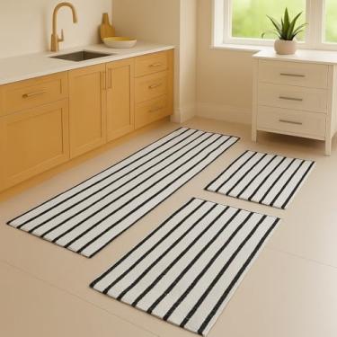 Imagem de Kit 3 Tapetes para Cozinha Algodão e Poliéster Passadeira Decorativa Macia Antiderrapante Uso Diário (Listra Preta)