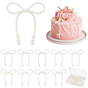 Imagem de JOERSH 10 peças de topos de bolo com laço de pérola, enfeite de cupcake de pérola sintética branca para aniversário, casamento, chá de panela, chá de bebê, suprimentos temáticos de decoração de bolo
