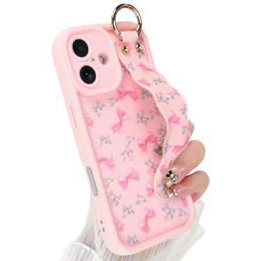 Imagem de Jefonha Capa compatível com iPhone 16 com alça de dedo para meninas e mulheres, capa de telefone com laço fofo com suporte de pulseira, capa protetora de silicone durável, laço rosa
