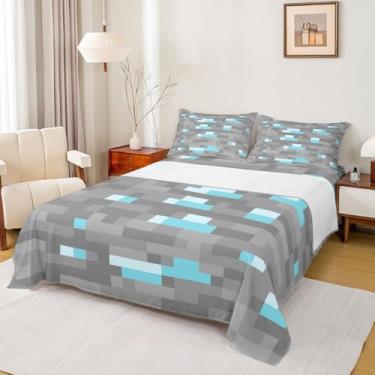 Imagem de Manfei Jogo de cama solteiro Pixelated Blocks Miners, videogame, gamepad, patchwork geométrico, decoração de quarto de meninos e meninas, lençol azul cinza (com elástico + 1 fronha)