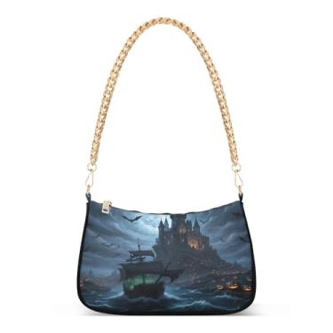 Imagem de Bolsa de ombro preta Cool Castle com corrente de desenho animado, bolsa feminina Hobo média com estampa artística para uso diário e festa