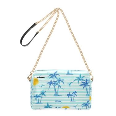 Imagem de Joitme Bolsas transversais femininas palmeiras azuis listras brancas bolsa de celular linda alça de corrente bolsa de ombro de couro PU