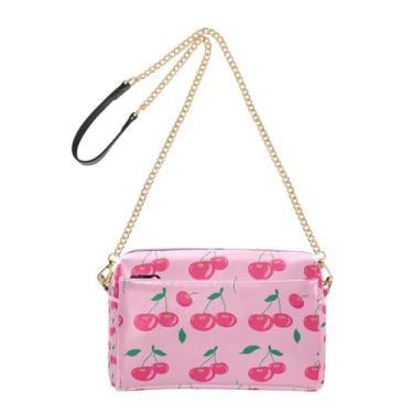 Imagem de Joitme Bolsa transversal para mulheres, bolsa para celular, bolsa de ombro de couro PU, alça de corrente, lindo desenho de cerejas rosa