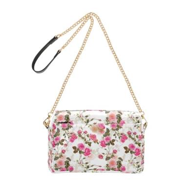 Imagem de Joitme Bolsa feminina tiracolo rosa e branca com estampa floral para celular bolsa de ombro com alça de corrente de couro PU