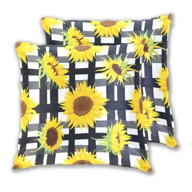 Imagem de Joitme Conjunto de 2 capas de almofada quadriculada de girassol amarelo preto e branco, capa de almofada de sofá fofa, decoração de quarto, 45 x 45 cm, 2 peças