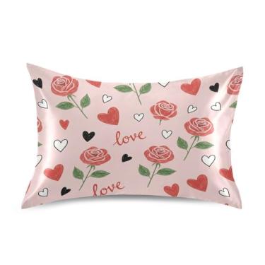 Imagem de Wassud Fronha de cetim rosa amor dia dos namorados para cabelo e pele fronhas de seda lisa tamanho padrão capas de travesseiro respiráveis com fecho de envelope