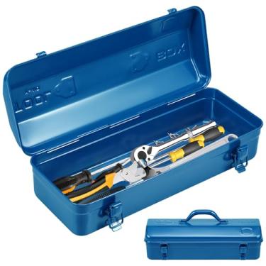 Imagem de Caixa de ferramentas, caixa organizadora de ferramentas de metal portátil de 43 cm com fecho de trava dupla e alça, baú de ferramentas estilo telhado de quadril resistente para oficina doméstica (azul