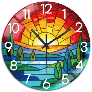 Imagem de peacoblue Relógios de parede operados por bateria, boêmio, pôr do sol, relógio de parede redondo de vidro de 30 cm, sem tique-taque para cozinha, sala de estar, sala de jantar, quarto e banheiro