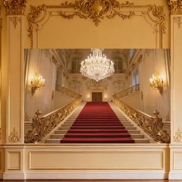 Imagem de WADORN Pano de fundo luxuoso para decoração de palácio, lustre dourado de igreja de 11 x 1,6 m, tapete vermelho, faixa de fundo de festa, pano de fundo fotográfico de edifícios reais europeus para