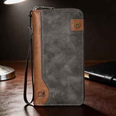 Imagem de Carteira masculina clássica preta compacta com fivela em relevo em couro sintético de grande capacidade, design compacto preto clássico com fivela, padrão em relevo de couro sintético, espaçosa