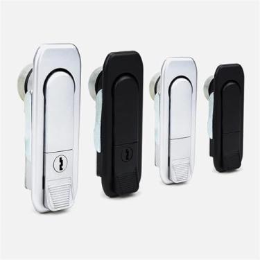 Imagem de MS738 Trava de apertar para abrir botão de pressão caixa elétrica interruptor de bloqueio plano fechadura de porta de armário 1 peça (preto, com chave)