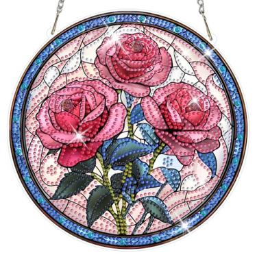 Imagem de NAIMOER Kits de pintura de diamante para adultos, kits de pendurar arte de diamante de rosas 5D, enfeite de pingente, arte de cristal de formato especial, kit de artesanato placa acrílica para