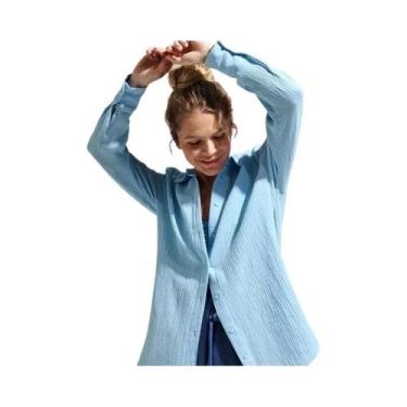 Imagem de Camisa Feminina Casual Branca Solta E Confortável Com Gola E Manga Lon