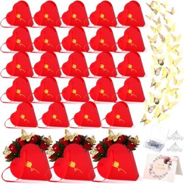 Imagem de Fullhawl 24 conjuntos de caixas de presente de flores em forma de coração para dia dos namorados, balde de armazenamento com 72 borboletas douradas, 100 broches de flores e 24 cartões comemorativos