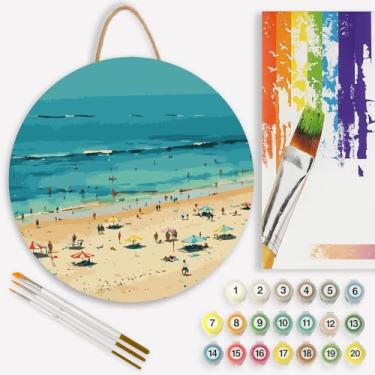 Imagem de Kit de pintura de praia por números para adultos em tábua de madeira – Kit de pintura artesanal de madeira faça você mesmo com guarda-chuvas, conjunto de tinta acrílica, redondo de 30,5 cm, para