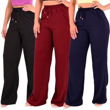 Imagem de Kit 3 Calça Pantalona Feminina Cintura Alta Tendência Larga Altíssima 