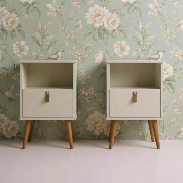 Imagem de Kit 2 Mesas de Cabeceira Off White Retrô com Gaveta e Nicho - Repleta
