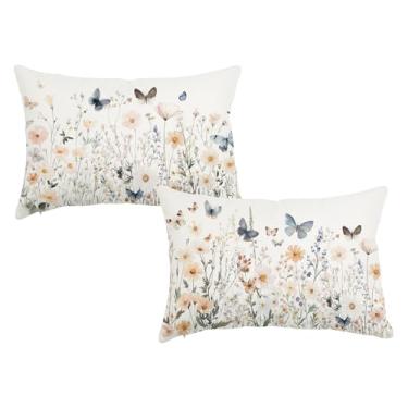 Imagem de HJZLB Capas de almofada lombar primavera verão 30,5 x 50,8 cm conjunto de 2 fronhas florais flores silvestres borboletas leves neutras decorativas ao ar livre capas de almofada para sofá sofá pátio