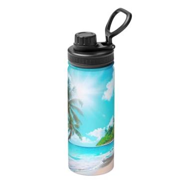 Imagem de Garrafa térmica esportiva de aço inoxidável com estampa de tema tropical Ocean Beach 510 g, garrafa de água à prova de vazamento