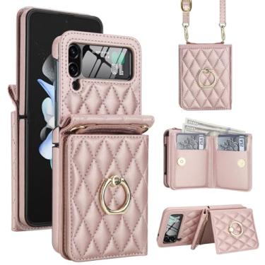 Imagem de Capa carteira para Samsung Galaxy Z Flip3, porta-cartões com suporte de anel de 360° e protetor de tela, capa protetora de couro PU TPU com fecho magnético para mulheres e homens (ouro rosa)