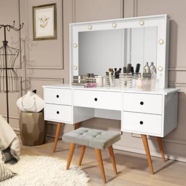 Imagem de Penteadeira Camarim Com Banqueta Com Led Espelho Resistente Moderna Decorativa Madeira MDF Maquiagem (Branco)