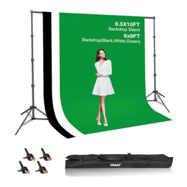 Imagem de EMART Kit de suporte de cenário de estúdio de vídeo fotográfico, 2,6 x 3 m, sistema de suporte de tela verde para fotografia ajustável com 3 fundos de poliéster para sessão de fotos (preto branco