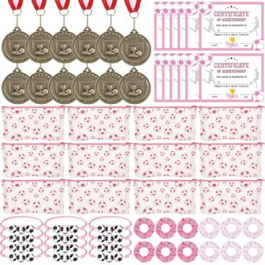 Imagem de Cunno 60 peças presentes de time de futebol, 12 medalhas de futebol, 12 elásticos de cabelo, 12 pulseiras, 12 sacos de maquiagem, 12 certificados de prêmio para suprimentos de festa com tema esportivo