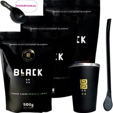 Imagem de Kit 3 Pacotes Black Erva Mate Tereré + Copo de Alumínio Térmico + Bomb