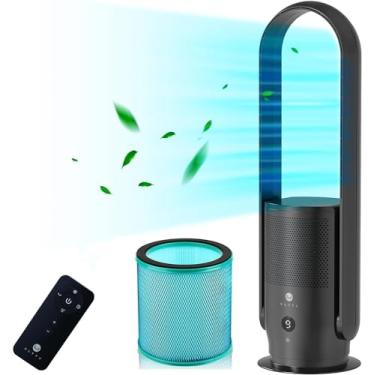 Imagem de U ULTTY Ventilador de torre sem lâmina e purificador de ar em um, filtro HEPA verdadeiro 99,97% pêlo de pólen de poeira de fumaça, ventilador de torre oscilante com controle remoto CR022D, preto