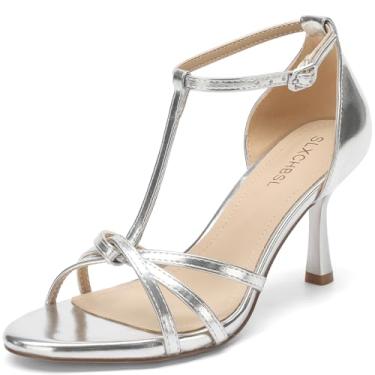 Imagem de SLXCHBSL Sandálias femininas de salto gatinho, tira em T, bico aberto, com tiras de 7,6 cm, salto alto para casamento, encontros, festa e escritório, sapatos confortáveis de verão, Prata, 40