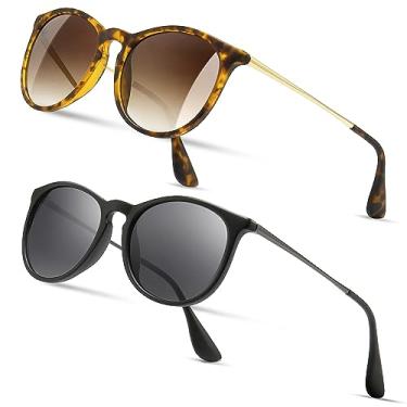Imagem de SUNGAIT Óculos de sol redondos vintage premium para mulheres e homens, estilo clássico retrô moderno, Pacote com 2 (polarizado): preto fosco/cinza + âmbar fosco/marrom dégradé, One Size