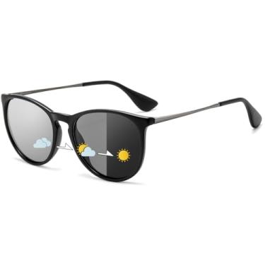 Imagem de SUNGAIT Óculos de sol redondos vintage premium para mulheres e homens, estilo clássico retrô moderno, Armação preta 18 (acabamento fosco)/lente fotocromática, free size