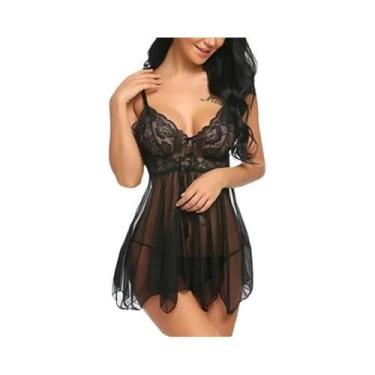 Imagem de Conjunto De Camisola Sexy Em Renda E Tule, Fina, Transparente, Respirá